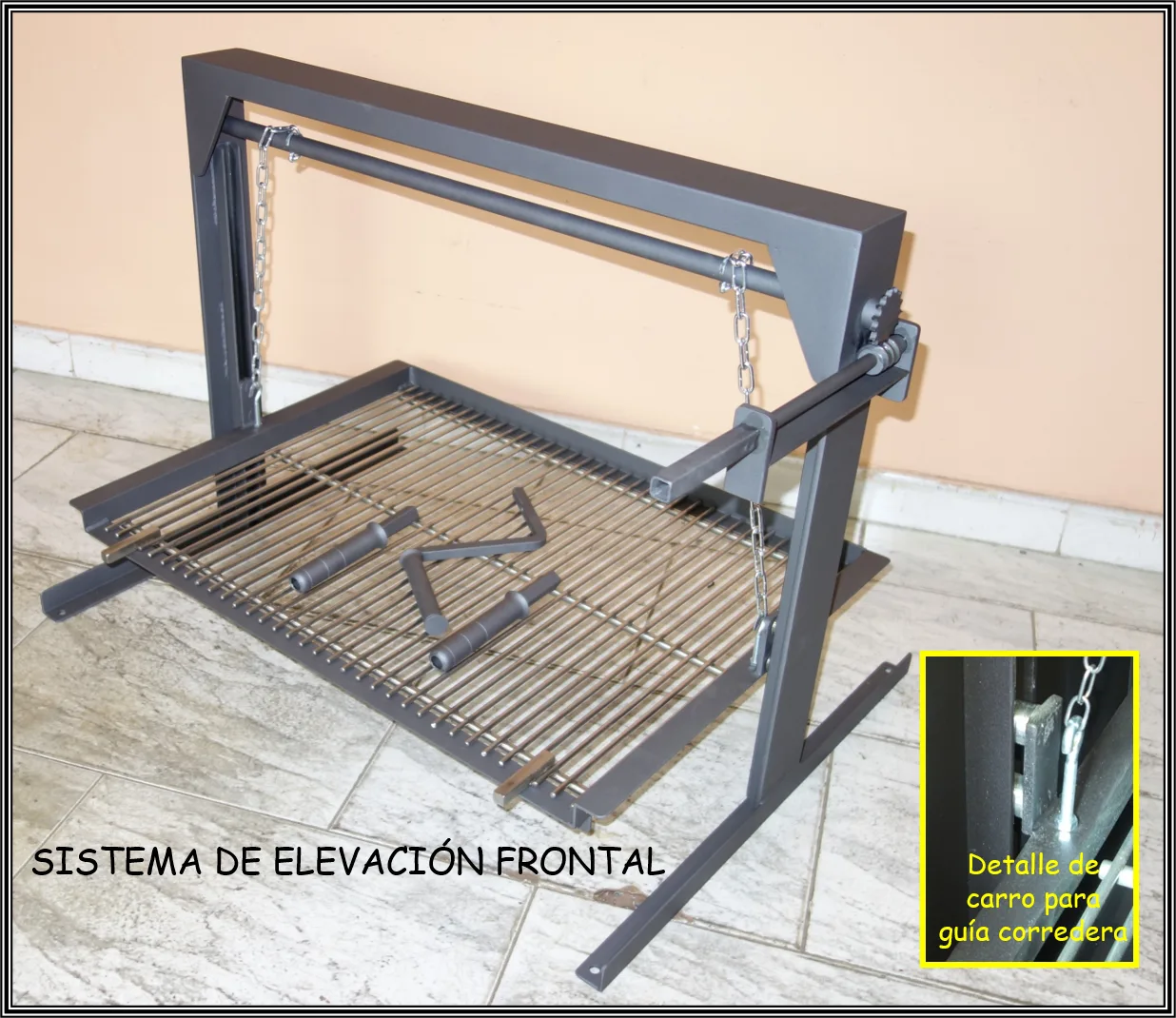 Sistema de cadenas para barbacoa de obra con rustidor